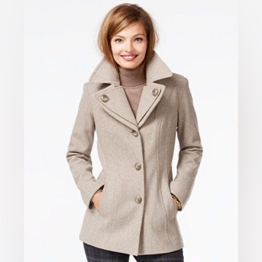 London Fog Wool Blend Pea Coat Women’s XS Taupe Lined Classic Winter Jacket